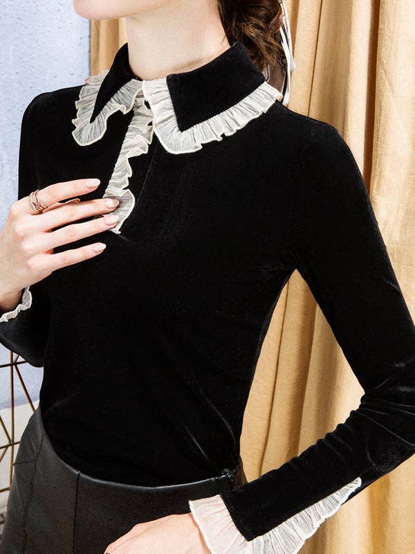 Hollow Ruffled Long Sleeves Skinny Peter Pan Collar T-Shirts Tops