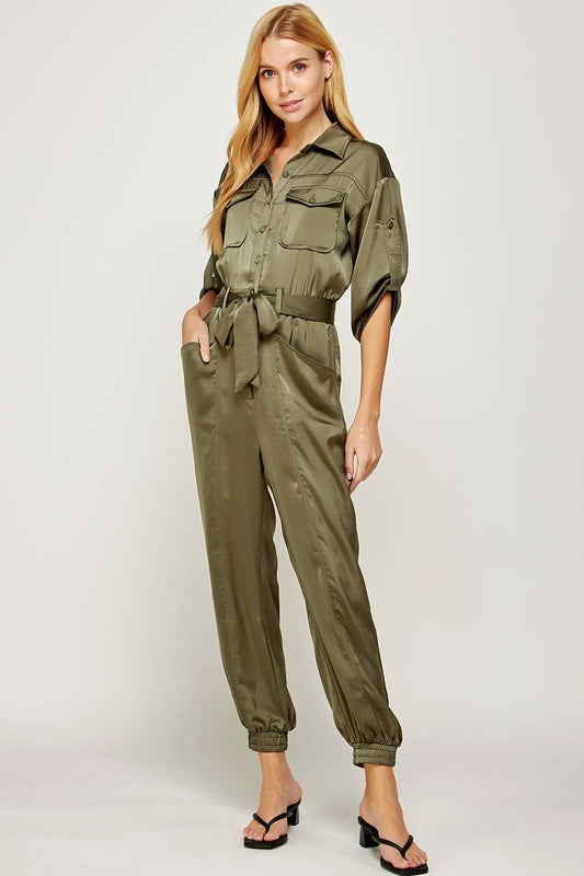 Satin Button-up Shirt Jumpsuit