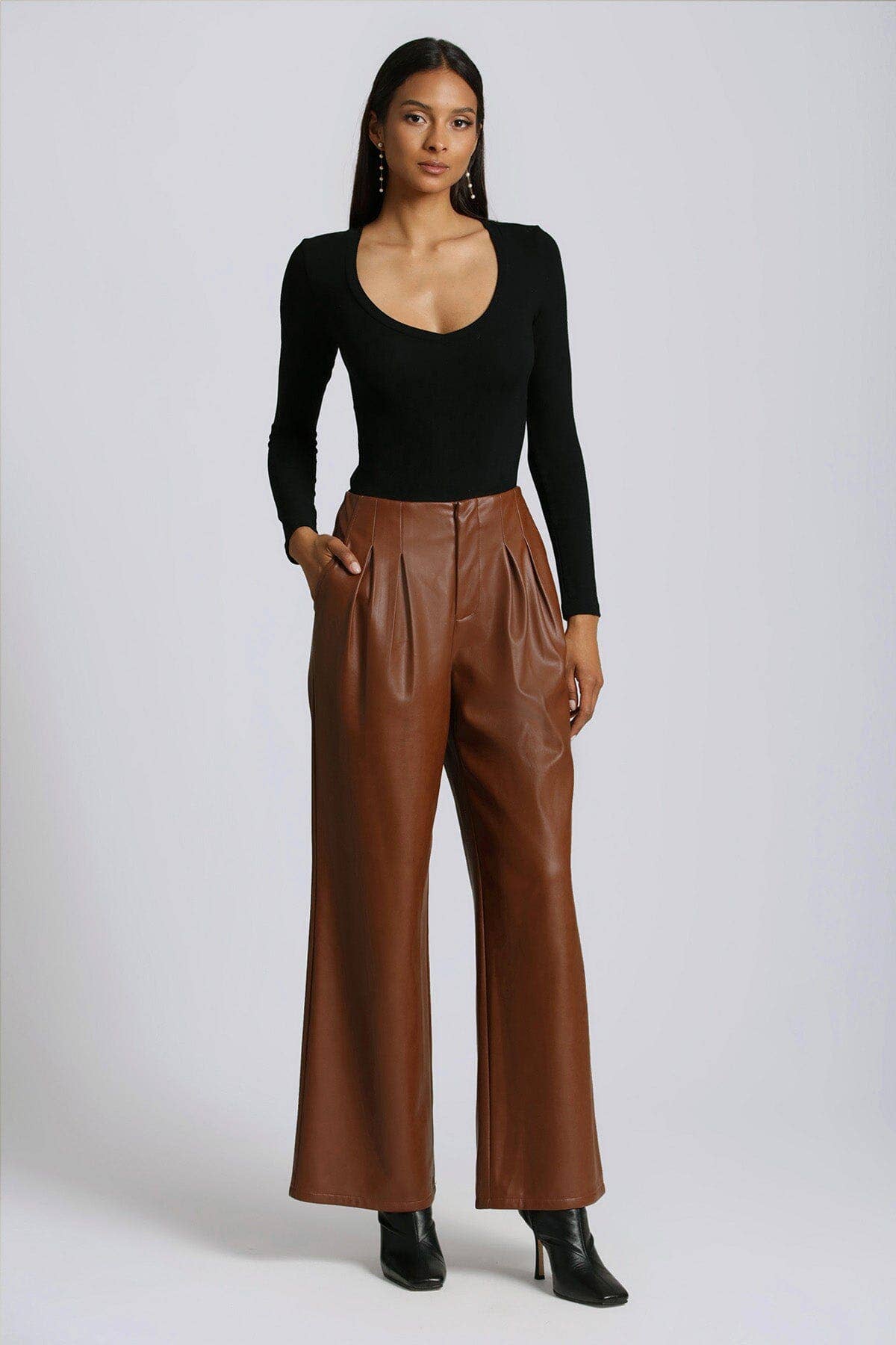 Faux-Ever Leather™ Pleated Wide Leg Trouser