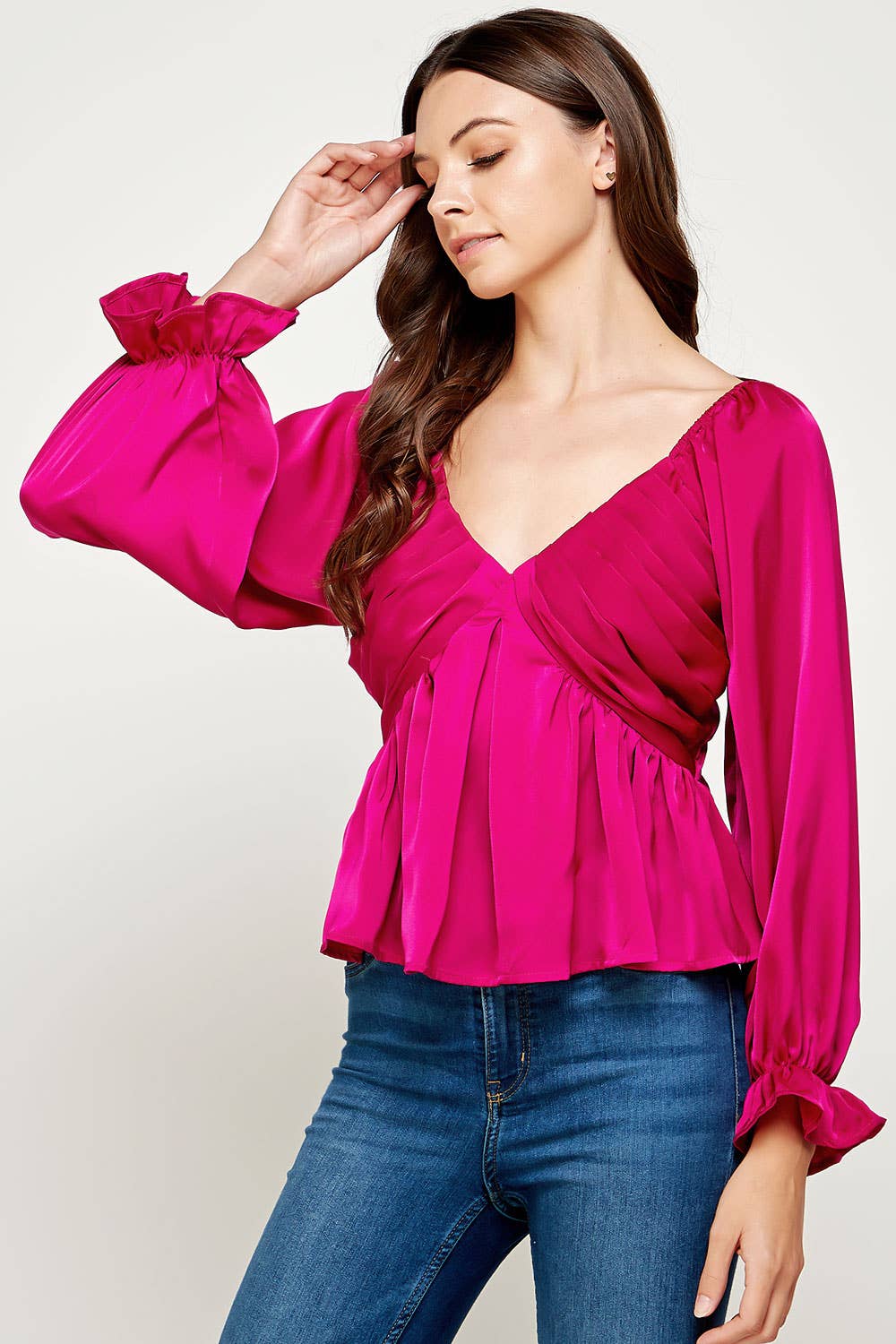 Pleated Long Sleeve Satin Top