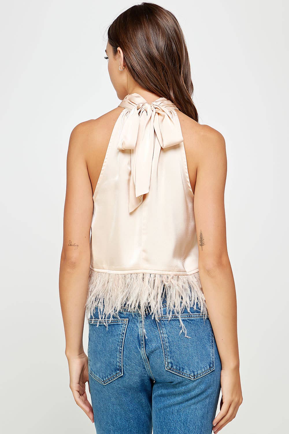 Halter Neck Feather Trim Satin Top