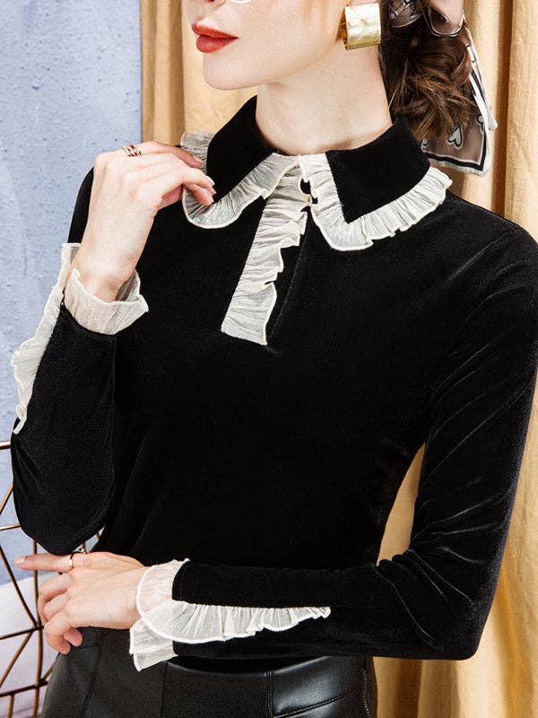 Hollow Ruffled Long Sleeves Skinny Peter Pan Collar T-Shirts Tops