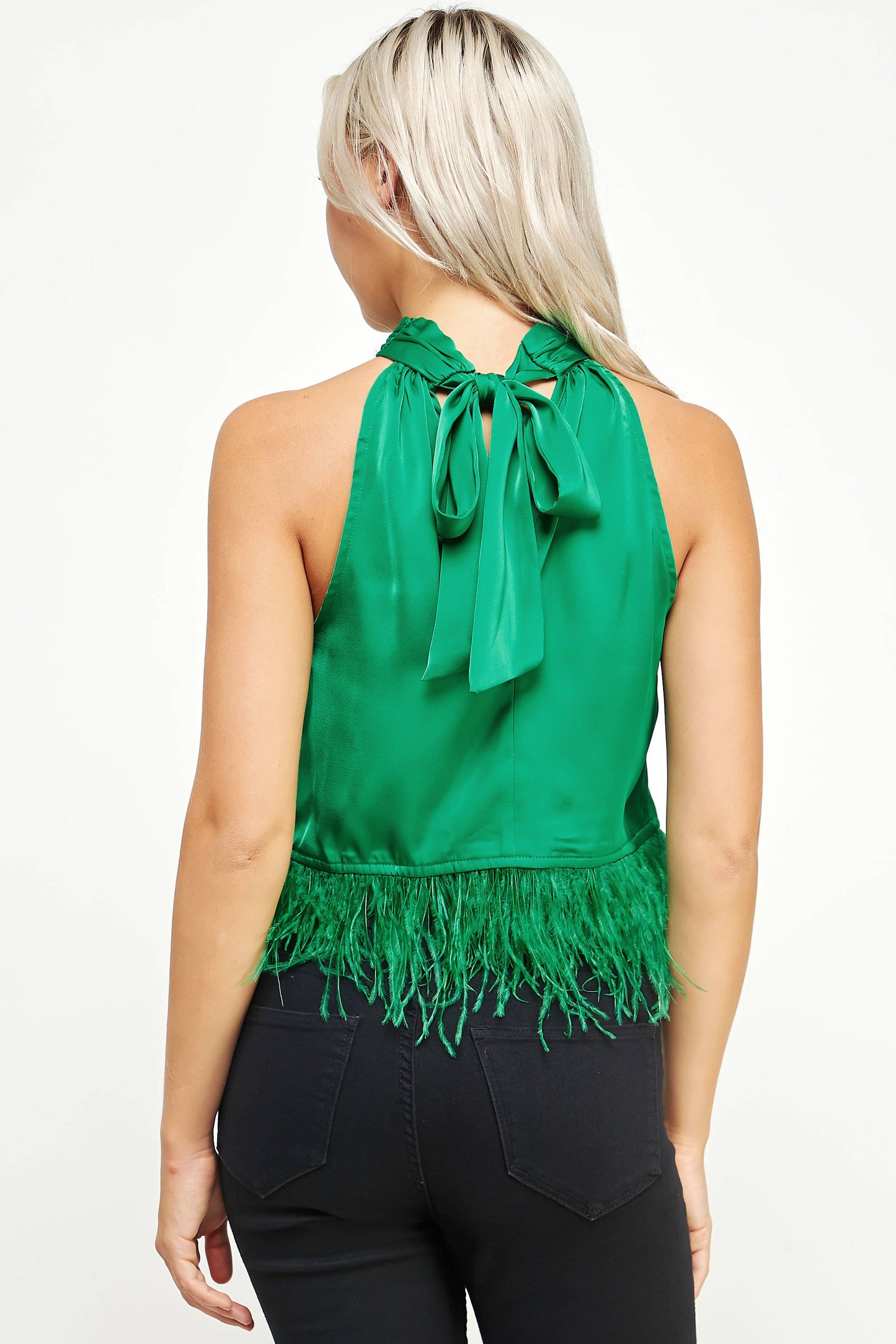 Halter Neck Feather Trim Satin Top