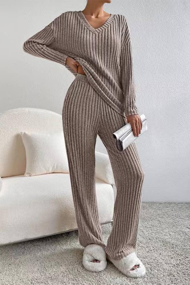 Plain V Neck Rib Long Sleeves Top With Pants 2pcs Set ZK560