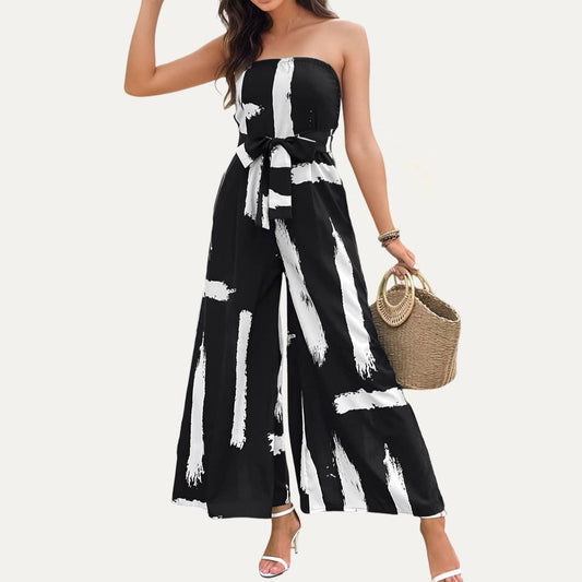 Unique Abstract Printed Off-the-Shoulder Wide-Leg Jumpsuit