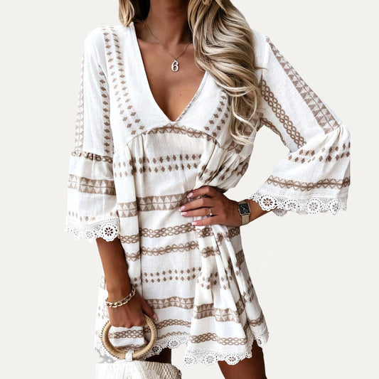 Perfect Boho-Style Printed V-Neck Crochet Lace Mini Dress