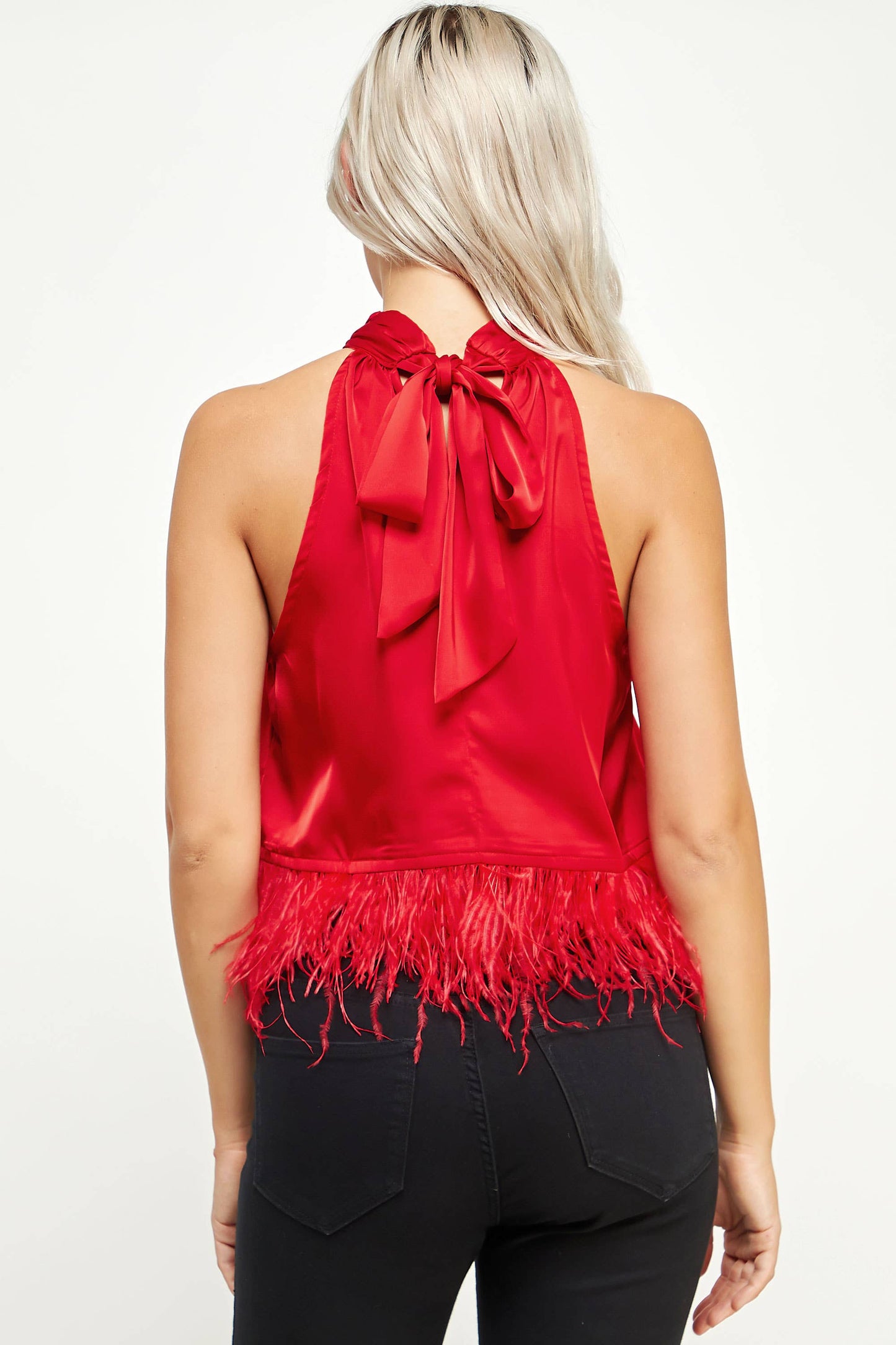 Halter Neck Feather Trim Satin Top