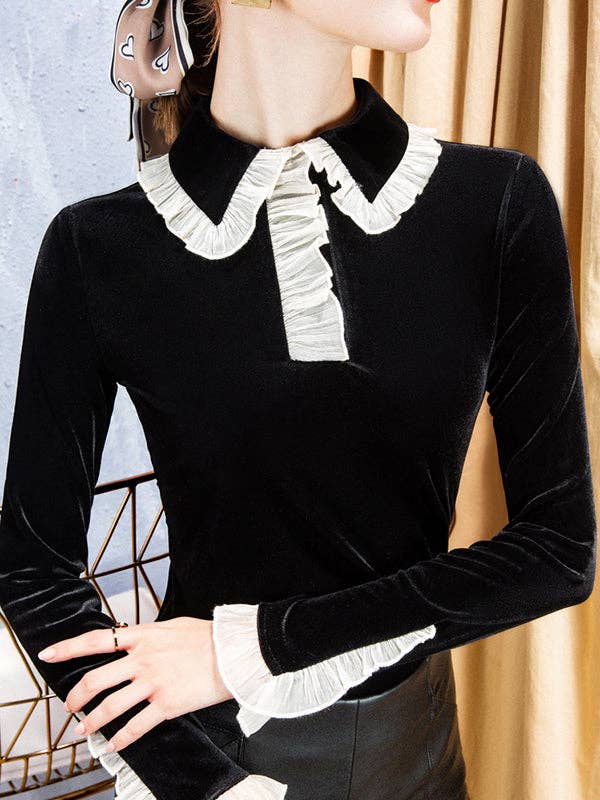 Hollow Ruffled Long Sleeves Skinny Peter Pan Collar T-Shirts Tops