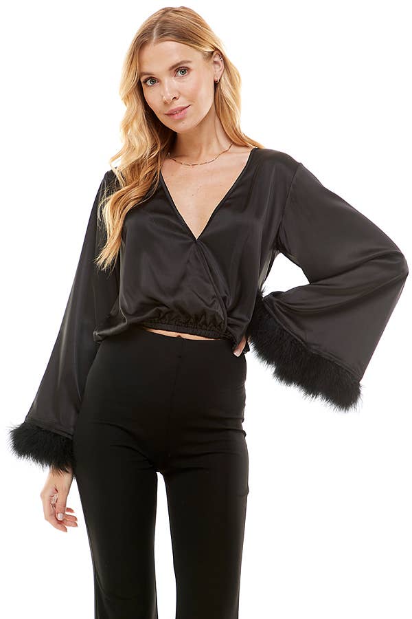 SURPLICE FEATHER TRIM TOP