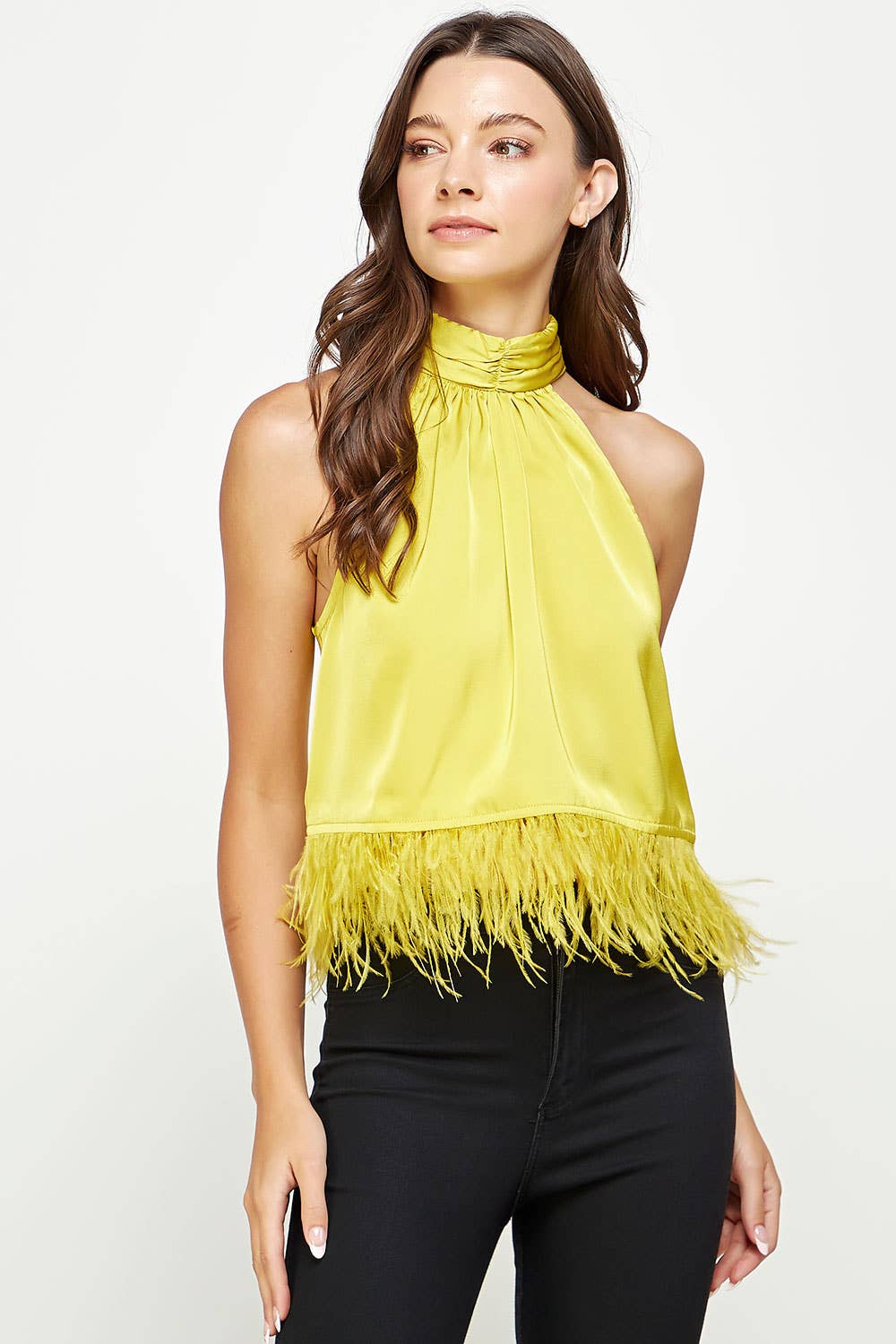 Halter Neck Feather Trim Satin Top