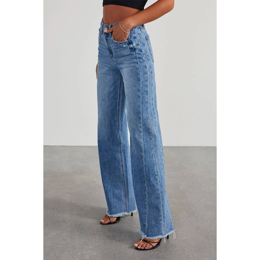 Wide Leg Side Seam Stitching Frayed Hem Jeans