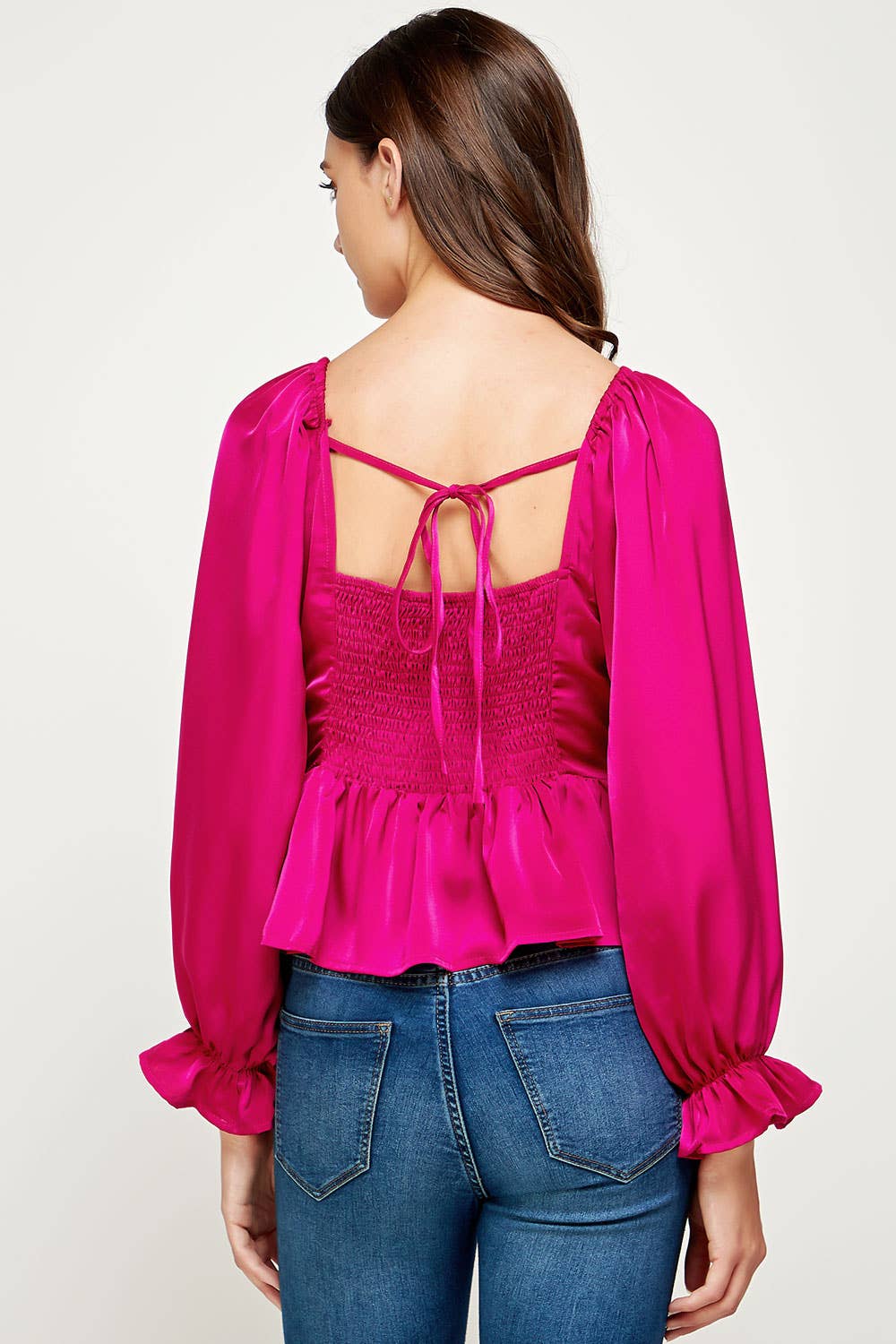 Pleated Long Sleeve Satin Top