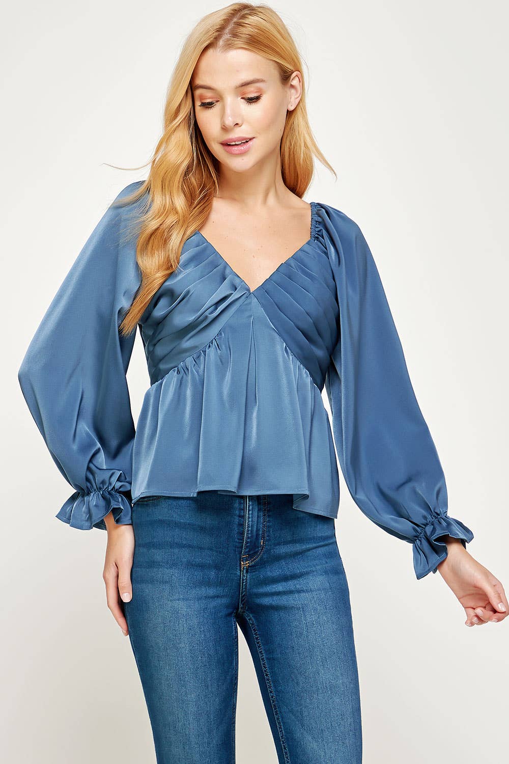 Pleated Long Sleeve Satin Top