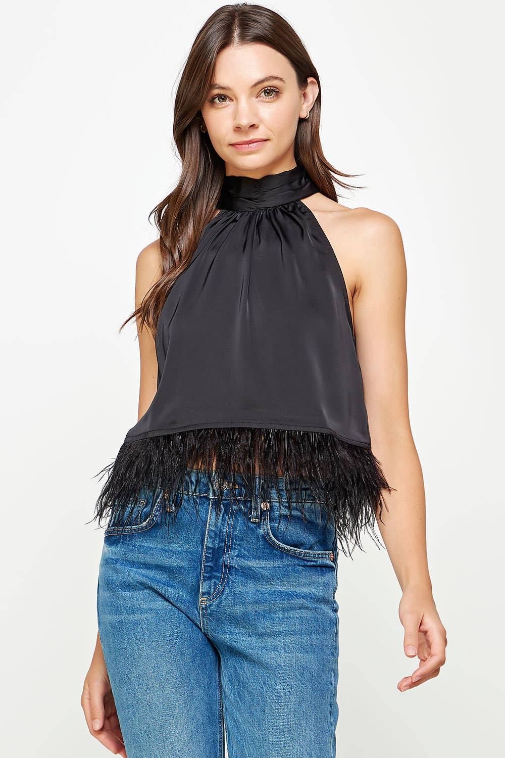 Halter Neck Feather Trim Satin Top