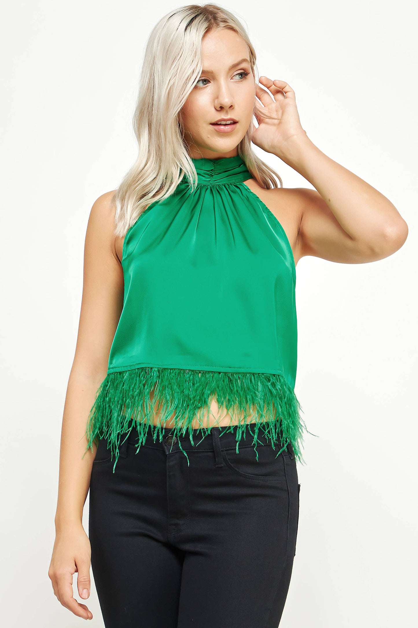 Halter Neck Feather Trim Satin Top