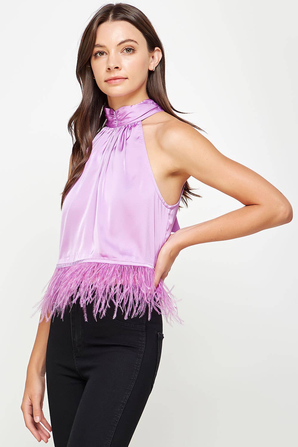 Halter Neck Feather Trim Satin Top