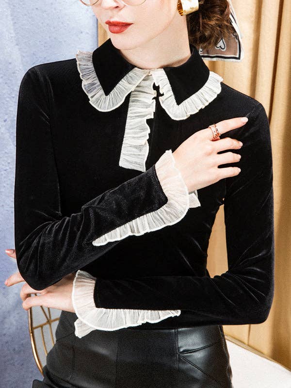 Hollow Ruffled Long Sleeves Skinny Peter Pan Collar T-Shirts Tops